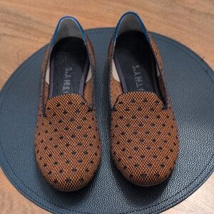 Rothy's Brown Knit Slip-On Loafers with Navy Dot Pattern
